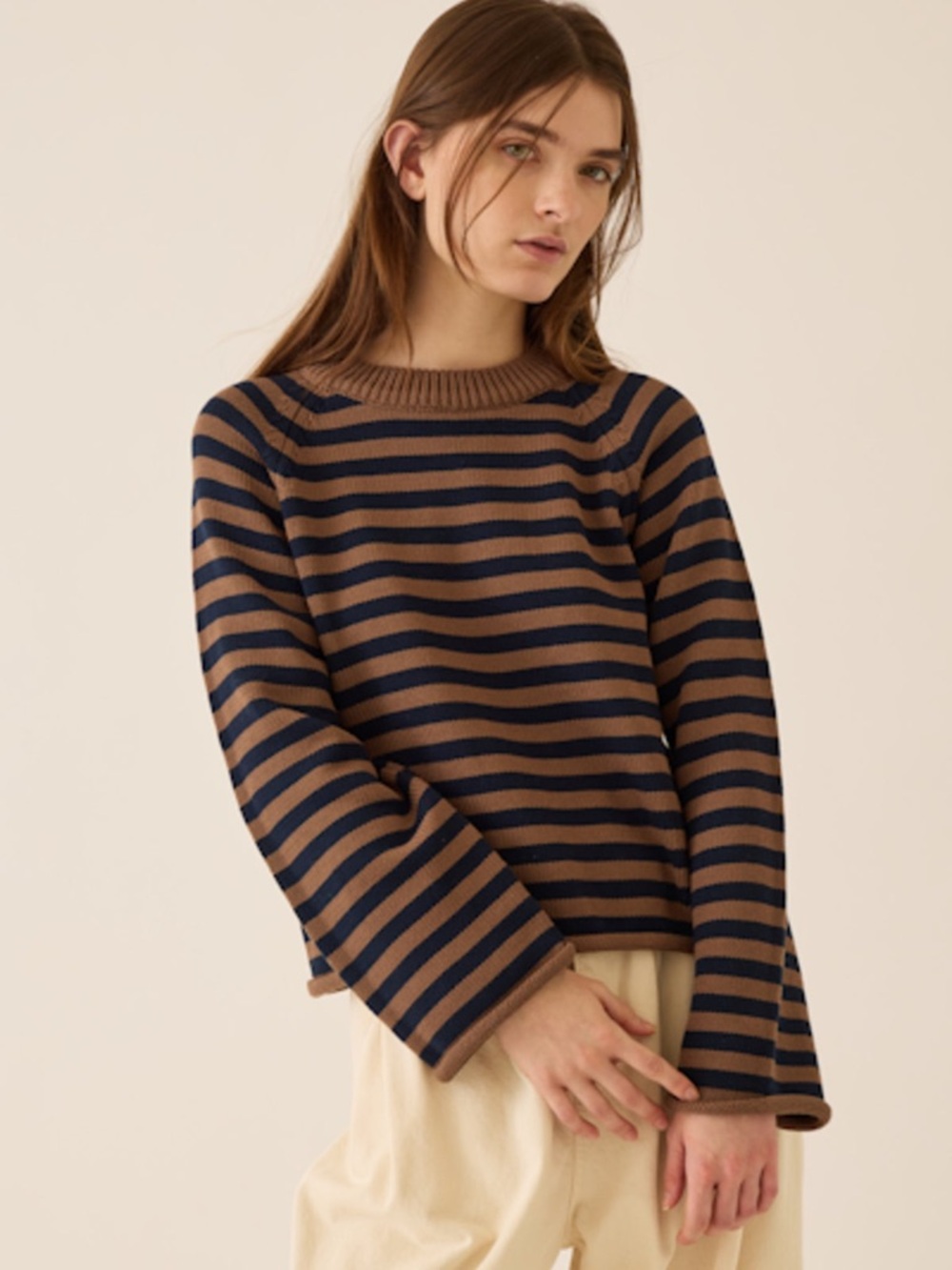 BNWT DemyLee Andi Striped Crewneck Sweater in Brown and Navy